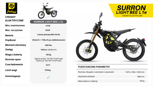 SURRON-LIGH-BEE-8-KW- SURRON LIGHT BEE 8 kW L1e – ELEKTRYCZNY CROSS Z homologacją 2026 (CZARNY)